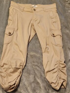 Beige Cargo Capri Pants with Ruched Ankles